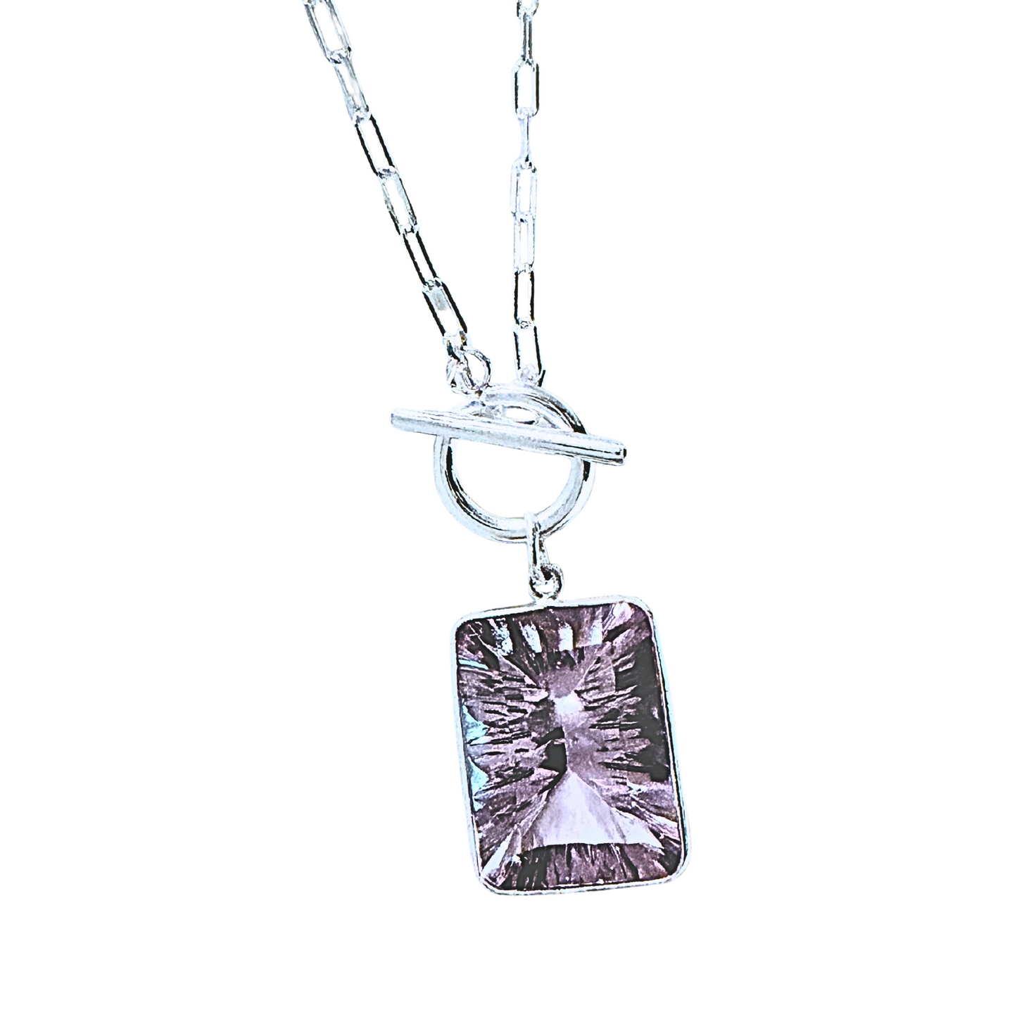 PINK AMETHYST PAPERCLIP CHAIN TOGGLE NECKLACE