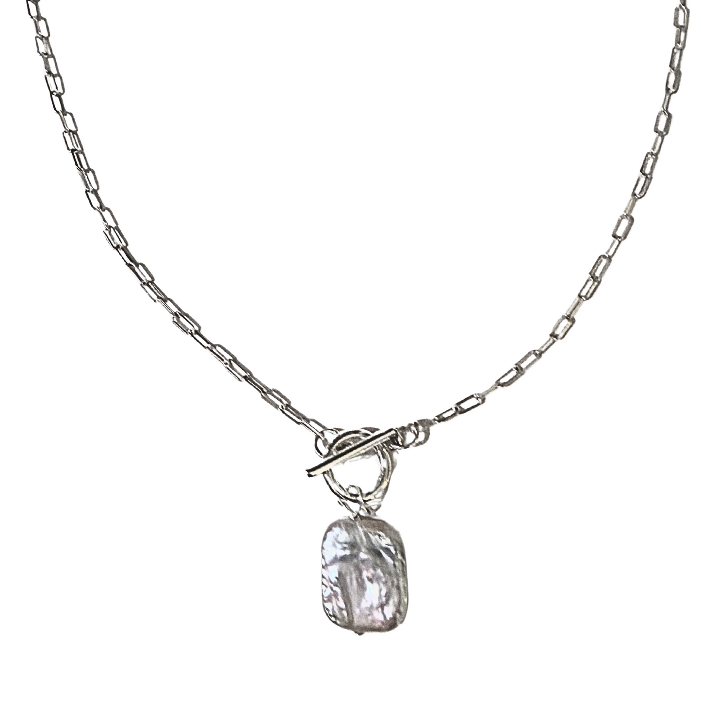 SILVER TOGGLE PAPERCLIP CHAIN KEISHI SQUARE PEARL