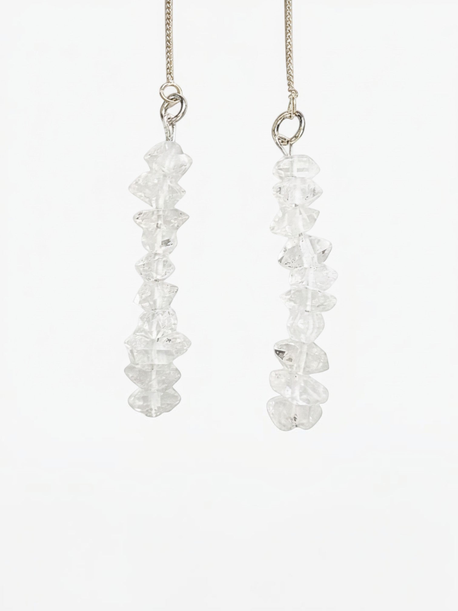 stem&stone clear Herkimer diamond threader earrings with stacked faceted stones on sterling silver chain.