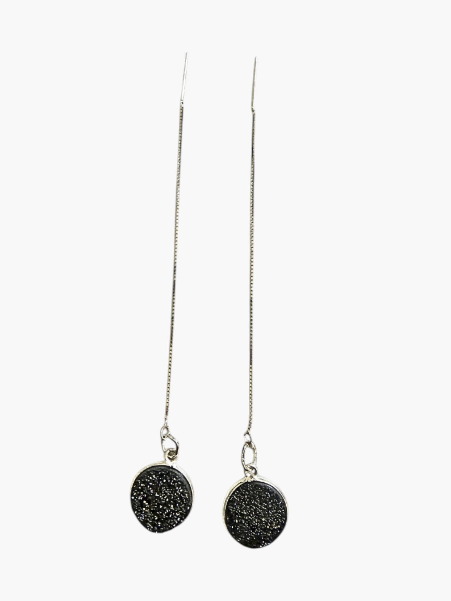 stem&stone dark grey druzy quartz threader earrings, 10mm round, 925 sterling silver chain, 5.5" length