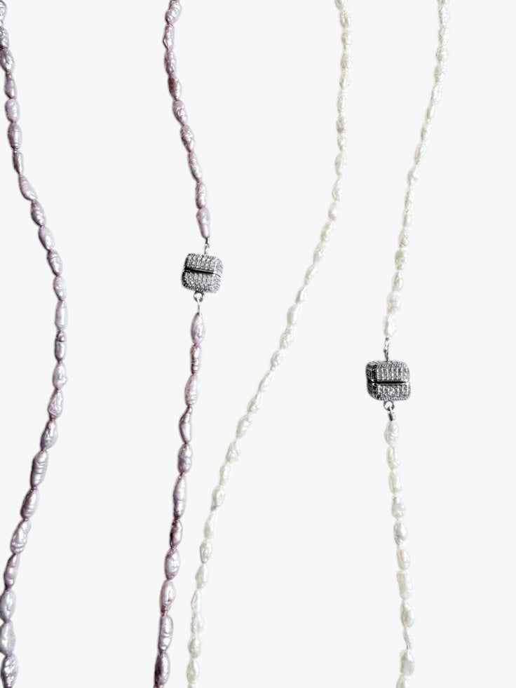 stem&stone vintage Japanese cultured pearl necklaces in white and lavender with sterling toggle clasps